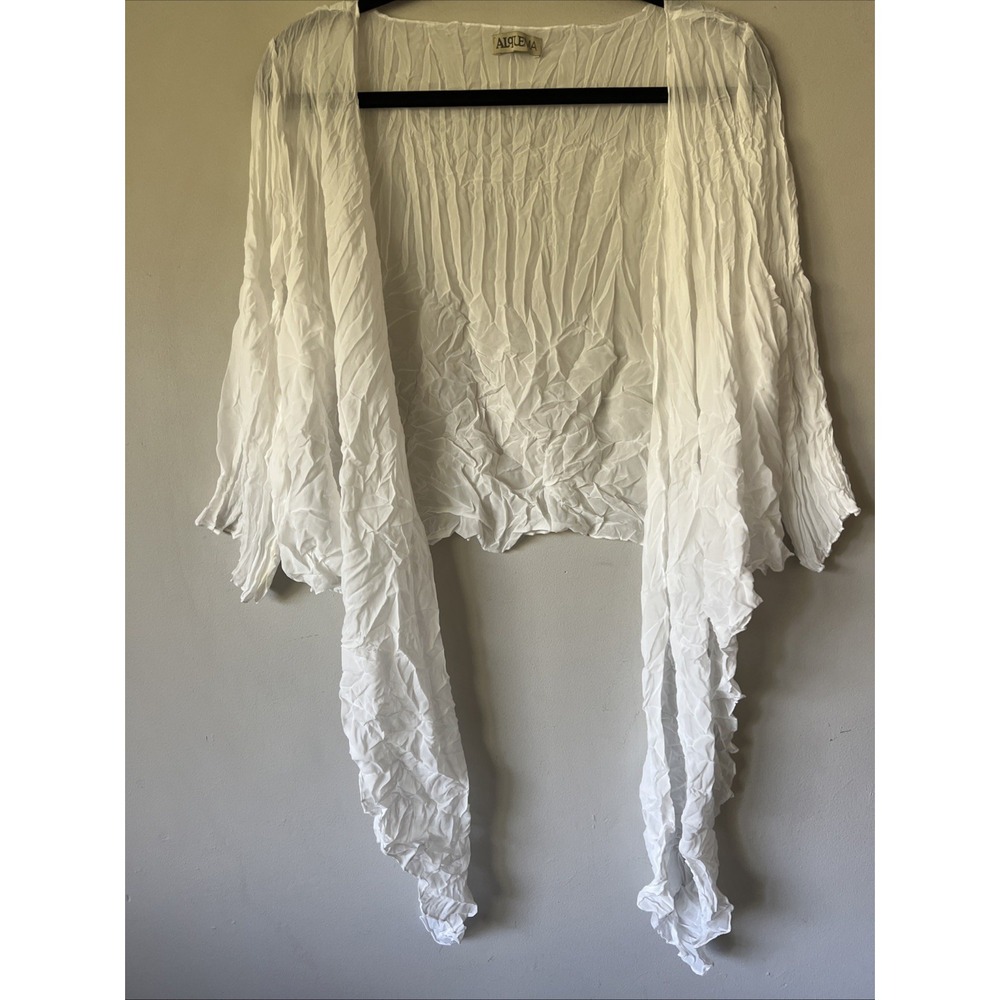 Alquema Crush Pleated Polyester White Open Cardigan Topper Top One Size Cropped